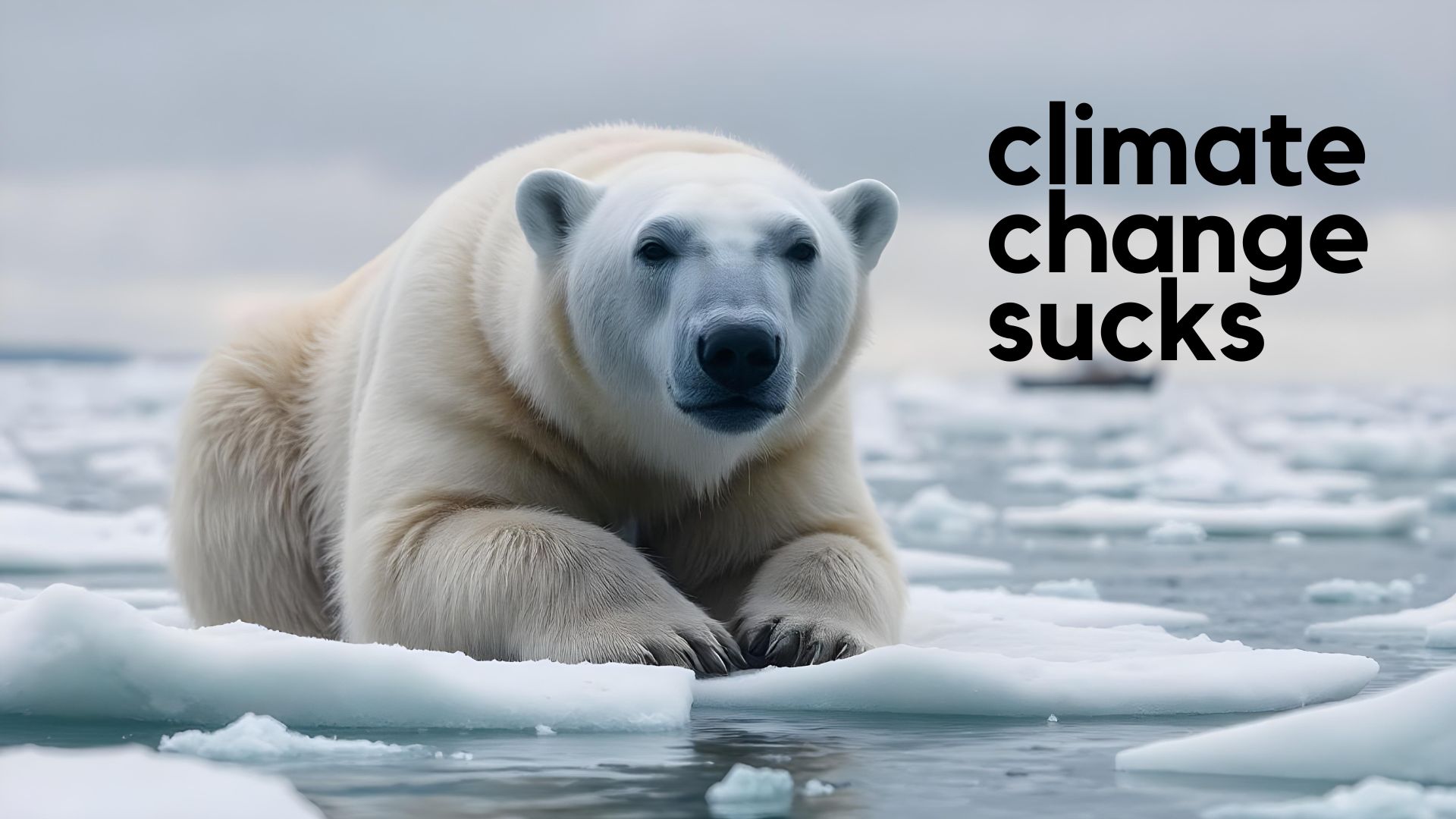 A polar bear lying on melting ice in an arctic environment with the text 'climate change sucks,' highlighting the impact of global warming on wildlife. A polar bear lying on melting ice in an arctic environment with the text 'climate change sucks,' highlighting the impact of global warming on wildlife.