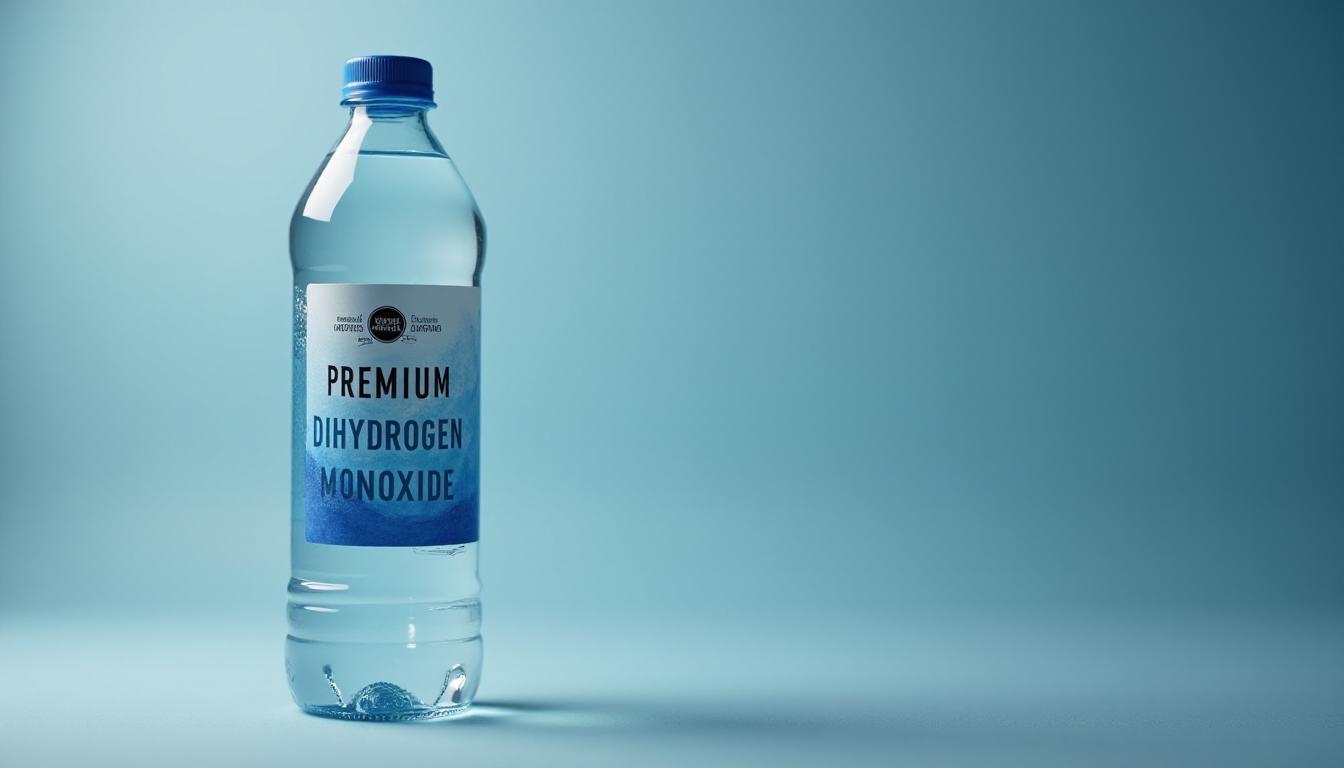 A bottle of premium water labeled 'Premium Dihydrogen Monoxide' against a minimalist blue background, emphasizing the purity and quality of the product. A bottle of premium water labeled 'Premium Dihydrogen Monoxide' against a minimalist blue background, emphasizing the purity and quality of the product.