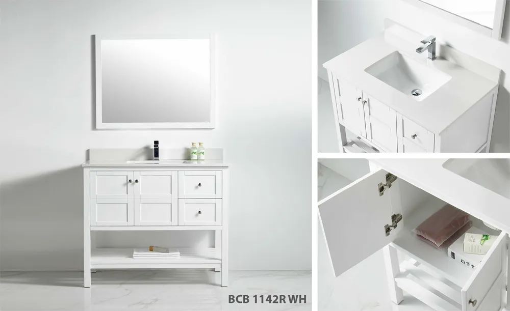 Austin 42-inch white bathroom vanity with shaker drawers, ceramic sink top, and open bottom shelf