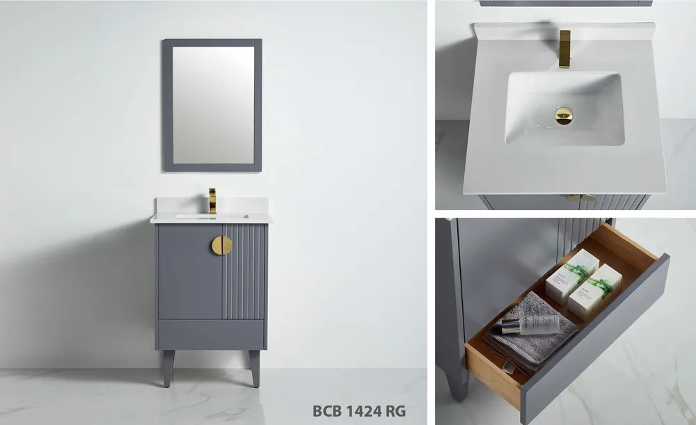 Athens 24-inch gray bathroom vanity with fluted front panel, rose gold handle, and white ceramic top