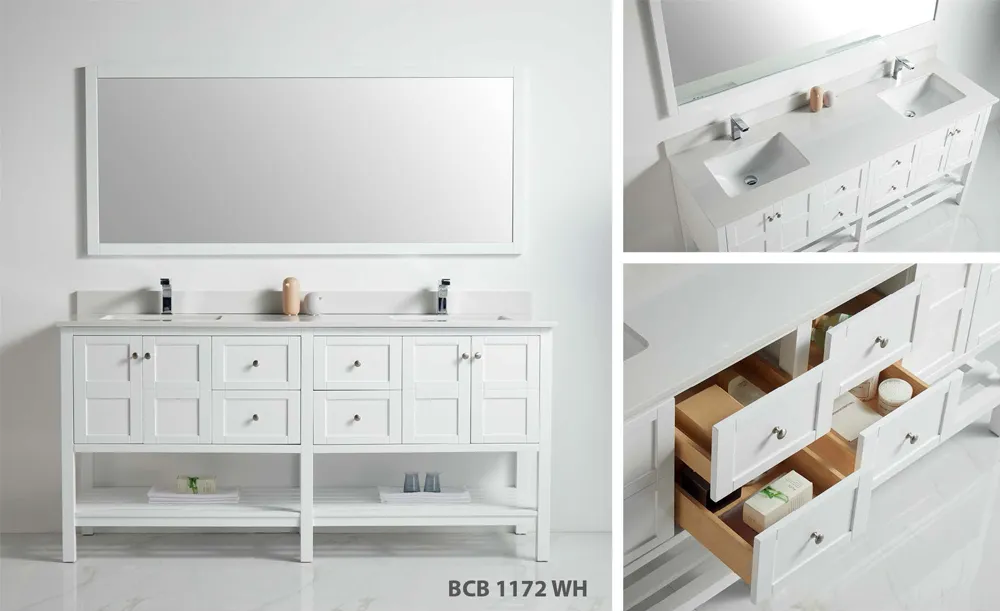 Austin 72-inch double sink white bathroom vanity with shaker drawers, dual ceramic basins, and open shelf design