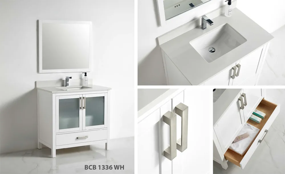 Berlin 36-inch white bathroom vanity featuring frosted glass doors, lower drawer, and rectangular ceramic sink top