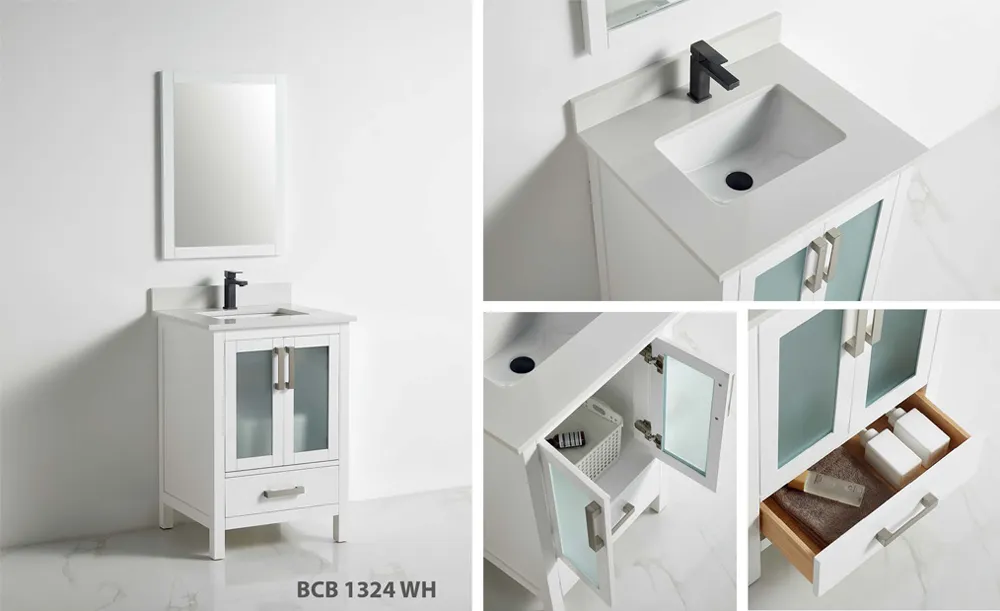 Berlin 24-inch white bathroom vanity with frosted glass doors, ceramic sink, and lower drawer storage