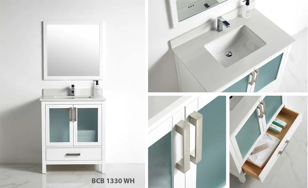 Berlin 30-inch white bathroom vanity with frosted glass cabinet doors, under-sink drawer, and ceramic sink top