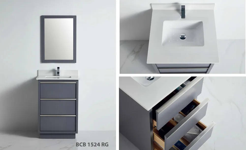 Denver 24-inch rose grey bathroom vanity with three soft-close drawers and seamless ceramic sink top