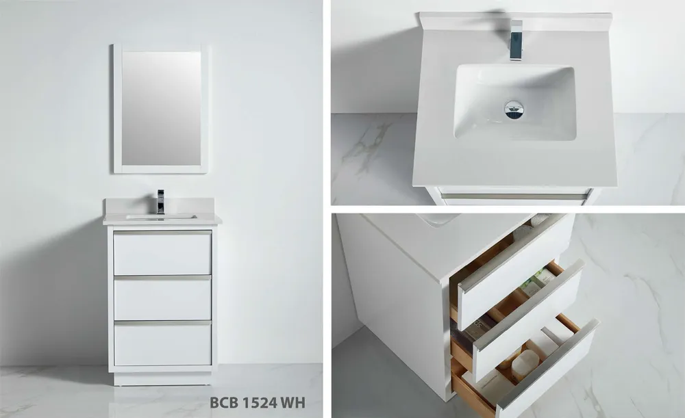 Denver 24-inch white bathroom vanity with three flat-panel drawers and integrated rectangular ceramic sink