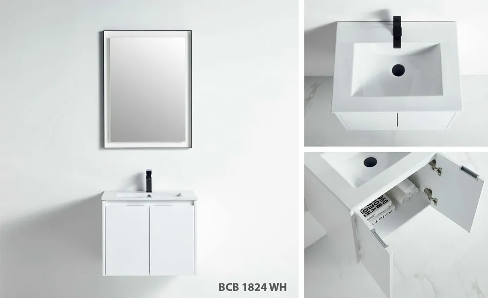 Miami 24-inch white wall-mounted bathroom vanity with flat-panel doors and rectangular ceramic sink top