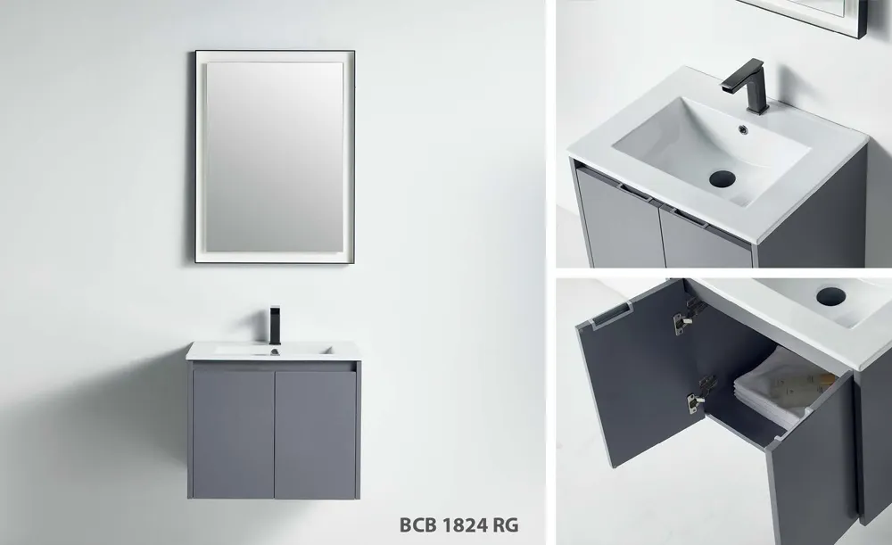 Miami 24-inch rose grey wall-mounted bathroom vanity with flat-panel doors and white ceramic sink top