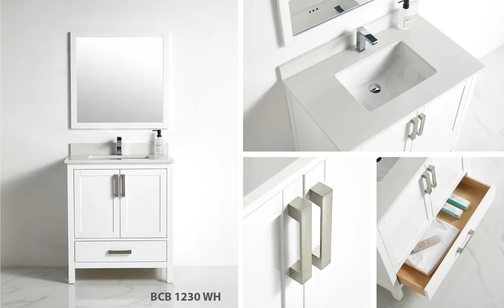 Roma 30-inch white bathroom vanity with shaker doors, wide lower drawer, and rectangular ceramic sink top