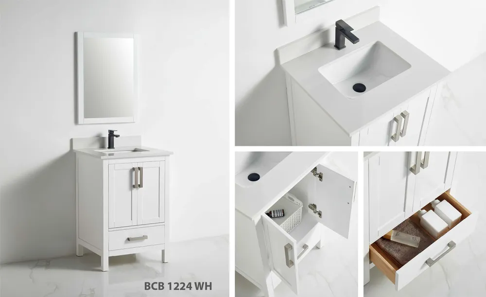 Roma 24-inch white bathroom vanity with shaker-style doors, lower drawer, and integrated ceramic sink top
