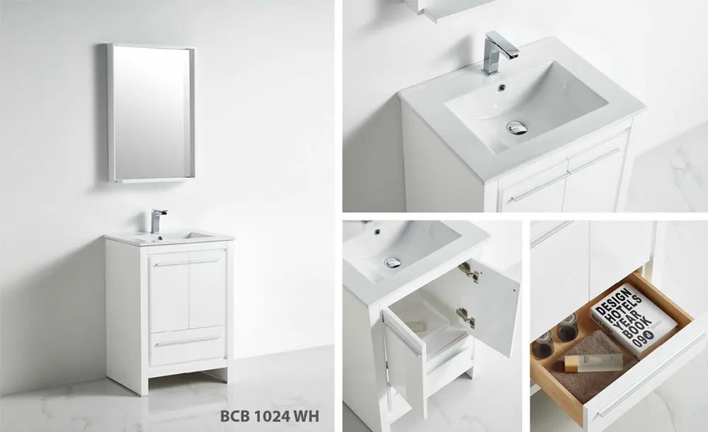 Venice 24-inch white bathroom vanity with modern flat-panel doors, chrome handles, and integrated ceramic sink top