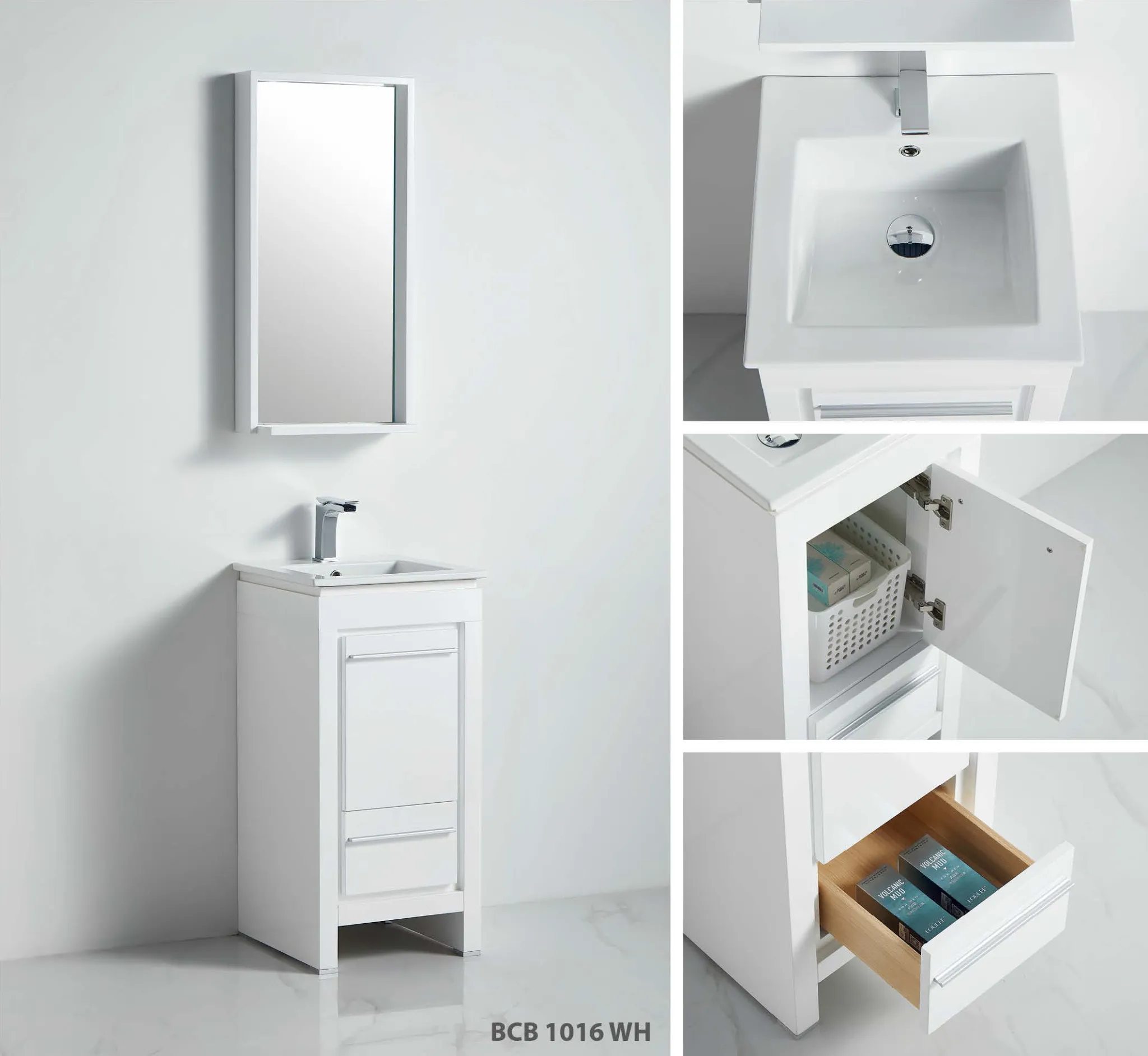 Venice 16-inch white bathroom vanity with slim door, lower drawer, and square ceramic sink top