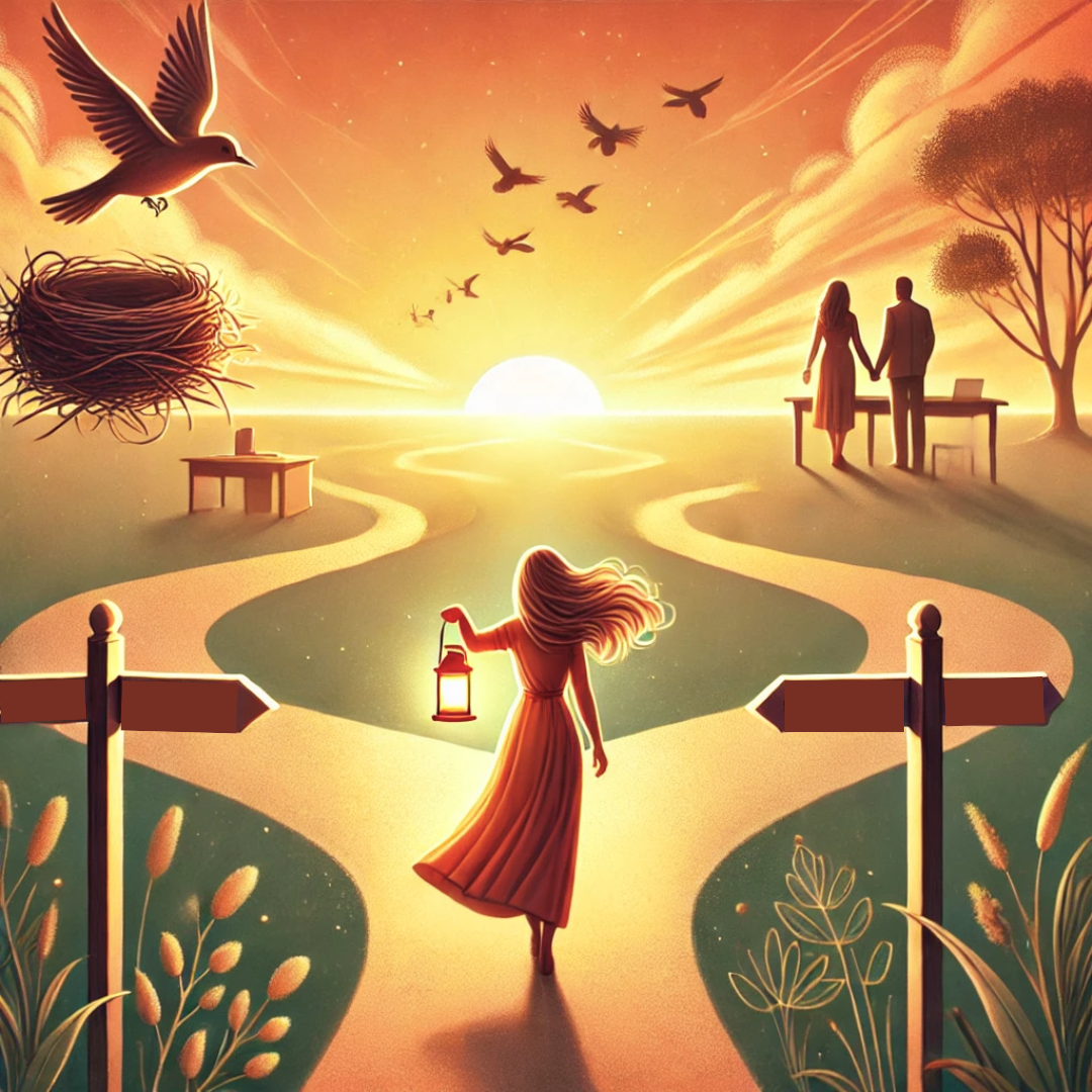 Image of woman with lantern at fork in the road with signposts, nests, birds Image of woman with lantern at fork in the road with signposts, nests, birds