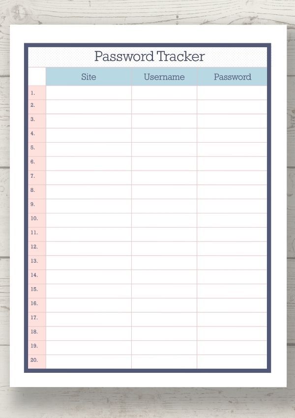 free printable password tracker