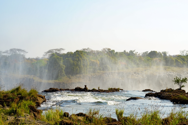 Adventurous swimmer peers over the edge of Devil’s Pool with mist rising from Victoria Falls in the background Adventurous swimmer peers over the edge of Devil’s Pool with mist rising from Victoria Falls in the background