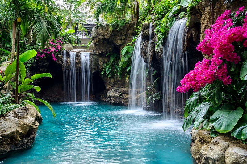 Lush jungle surrounds a thermal pool with mist hovering over the water, backed by the distant silhouette of Arenal Volcano. Lush jungle surrounds a thermal pool with mist hovering over the water, backed by the distant silhouette of Arenal Volcano.