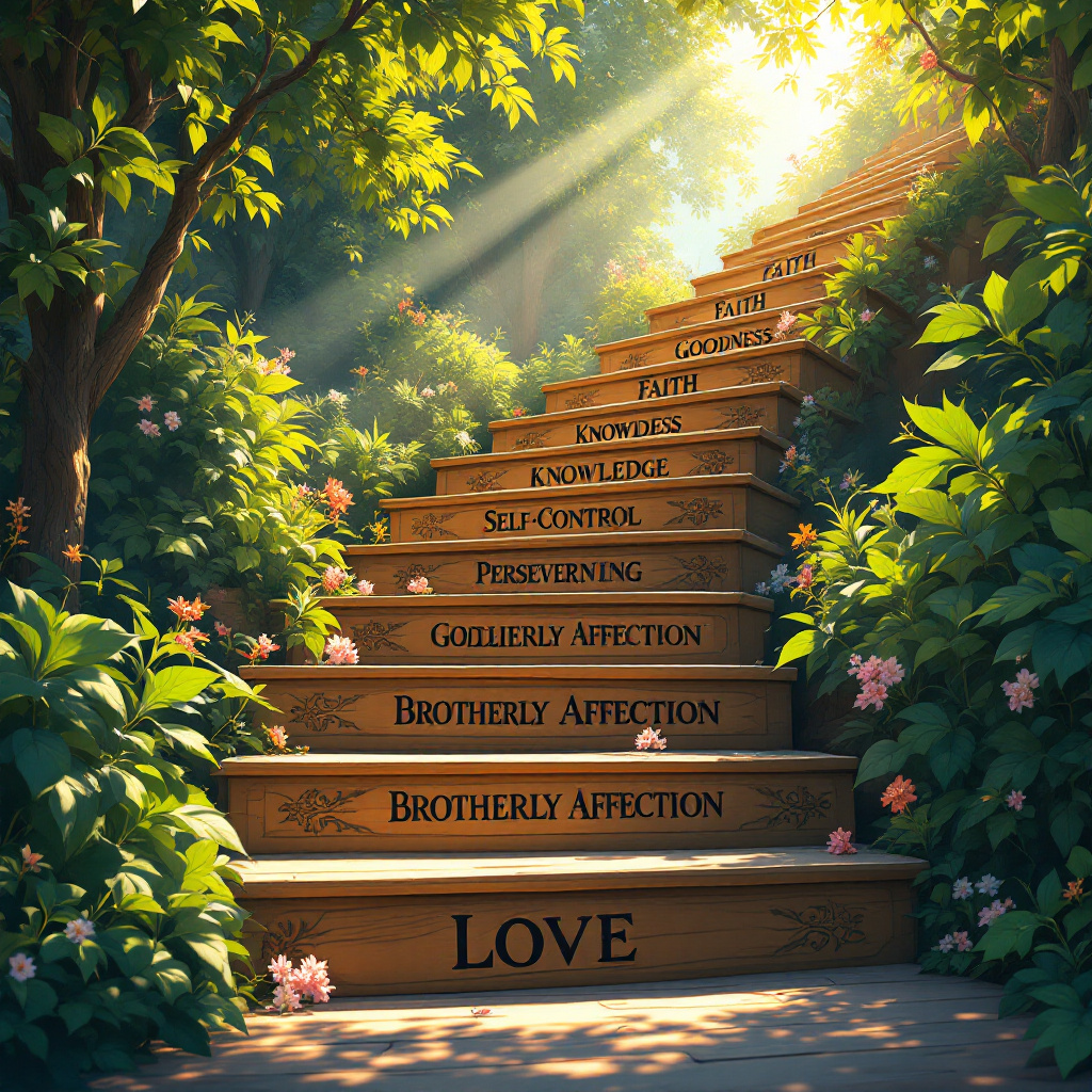 4. **The Steps Toward Christlikeness** A staircase, each step labeled with one of Peter's virtues (Faith, Goodness, Knowledge, Self-Control, Perseverance, Godliness, Brotherly Affection, and Love), could help visually organize the progression toward spiritual maturity. 4. **The Steps Toward Christlikeness** A staircase, each step labeled with one of Peter's virtues (Faith, Goodness, Knowledge, Self-Control, Perseverance, Godliness, Brotherly Affection, and Love), could help visually organize the progression toward spiritual maturity.