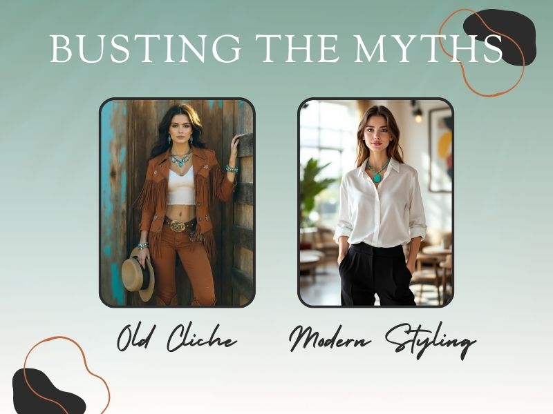 Turquoise jewelry styled in modern, minimalist outfit compared to traditional Western look. Turquoise jewelry styled in modern, minimalist outfit compared to traditional Western look.