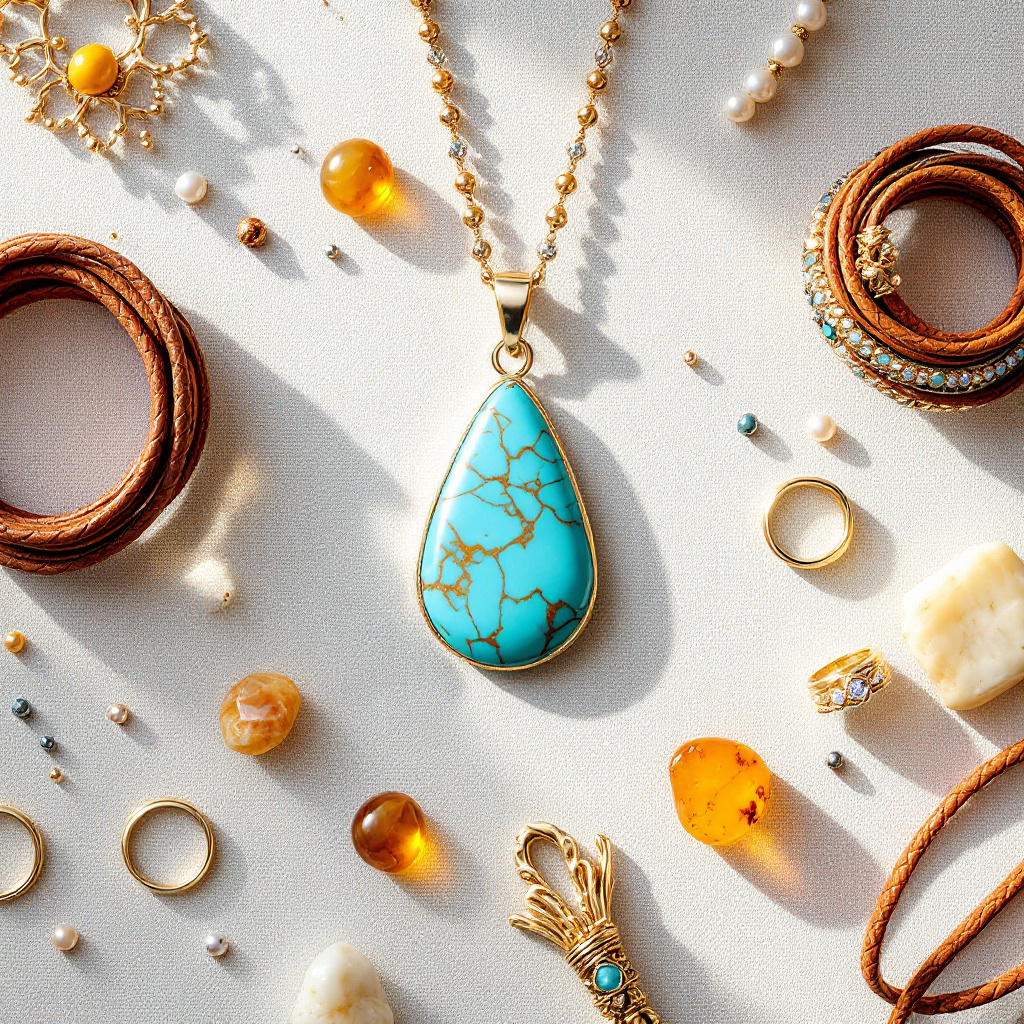 Flat lay of mixed jewelry featuring gold, silver, leather, turquoise, pearls, and amber, styled together in a curated and visually balanced arrangement. Flat lay of mixed jewelry featuring gold, silver, leather, turquoise, pearls, and amber, styled together in a curated and visually balanced arrangement.