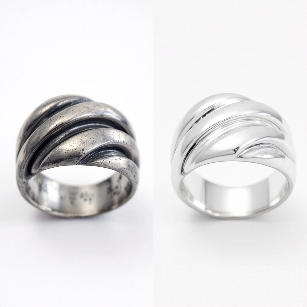Before and after polishing tarnished sterling silver ring. Before and after polishing tarnished sterling silver ring.