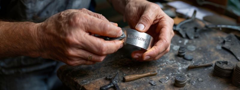Jewelry artist stamping hallmark onto silver cuff. Jewelry artist stamping hallmark onto silver cuff.