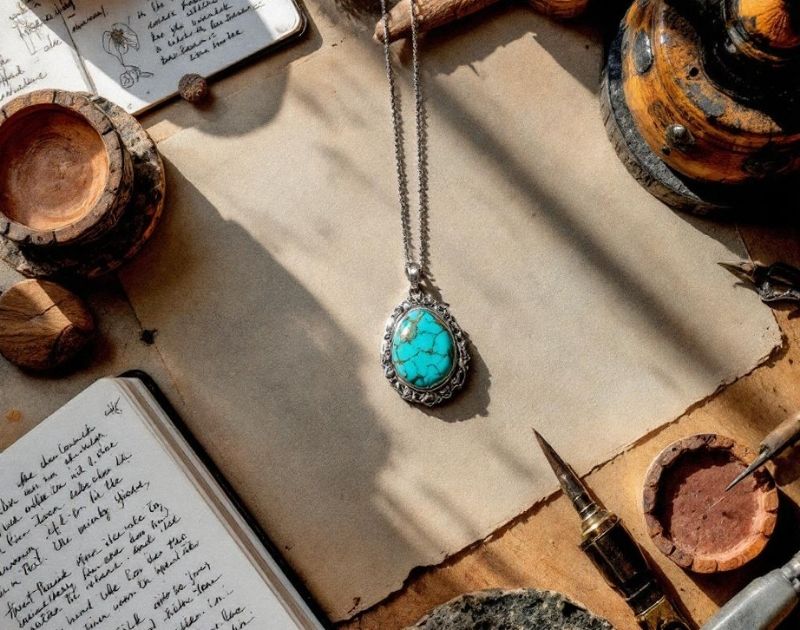 Turquoise stone and sterling silver pendant in progress beside artisan tools. Turquoise stone and sterling silver pendant in progress beside artisan tools.