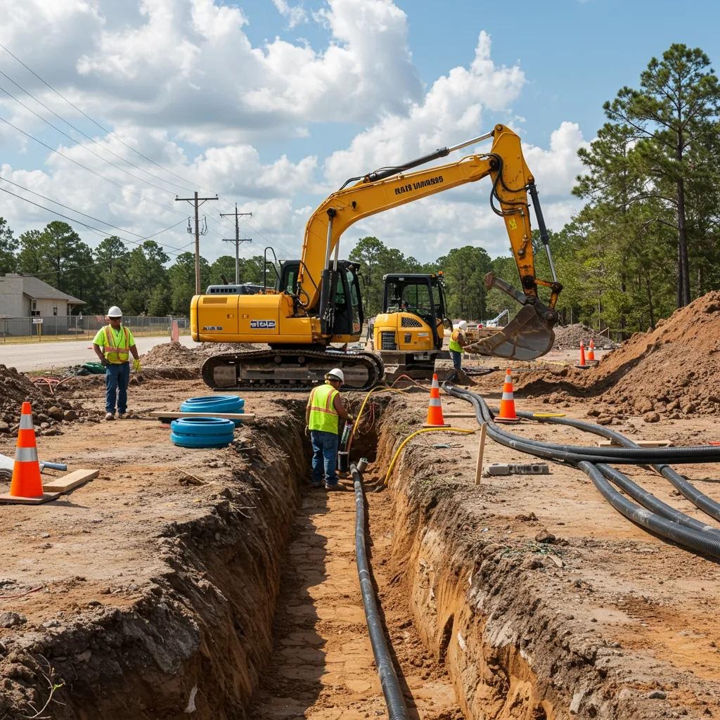Men working in a ditch working with an exavator Men working in a ditch working with an exavator