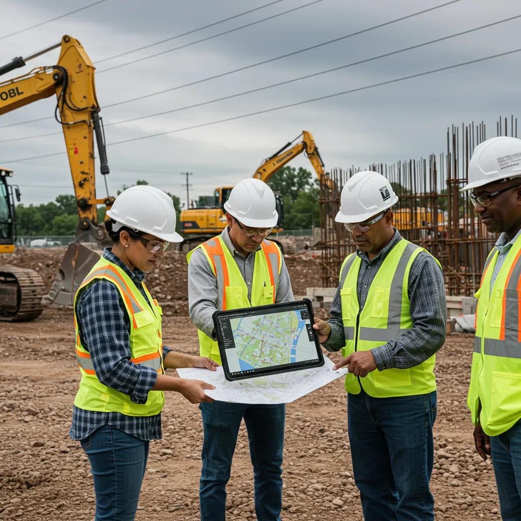 4 crew workers at a construction site with ipad 4 crew workers at a construction site with ipad