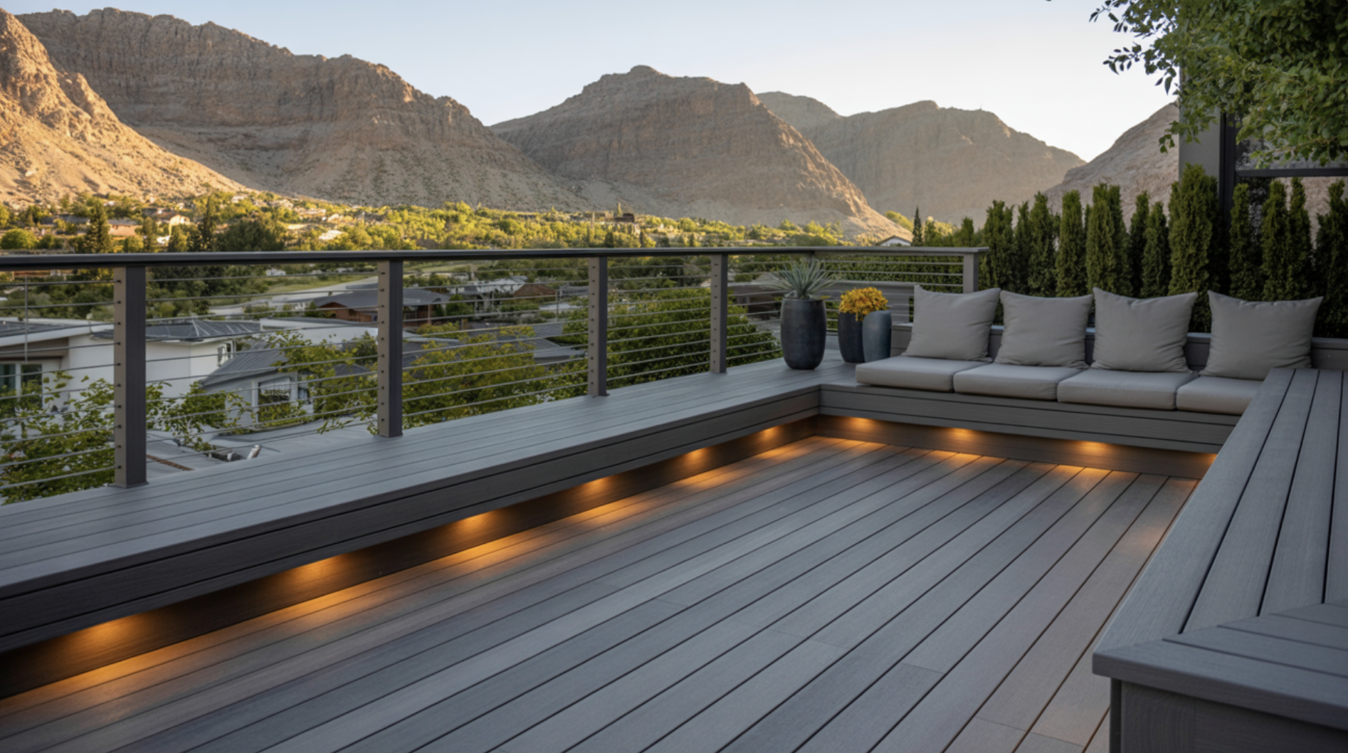 high-end composite decking in Utah with lighting and modern railing high-end composite decking in Utah with lighting and modern railing