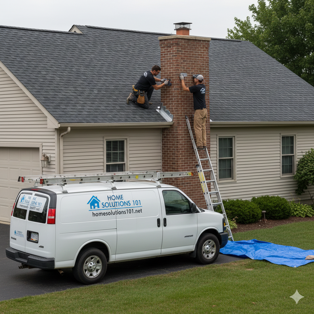 Chimney flashing and step flashing leak repair in Dexter Michigan by Home Solutions 101
