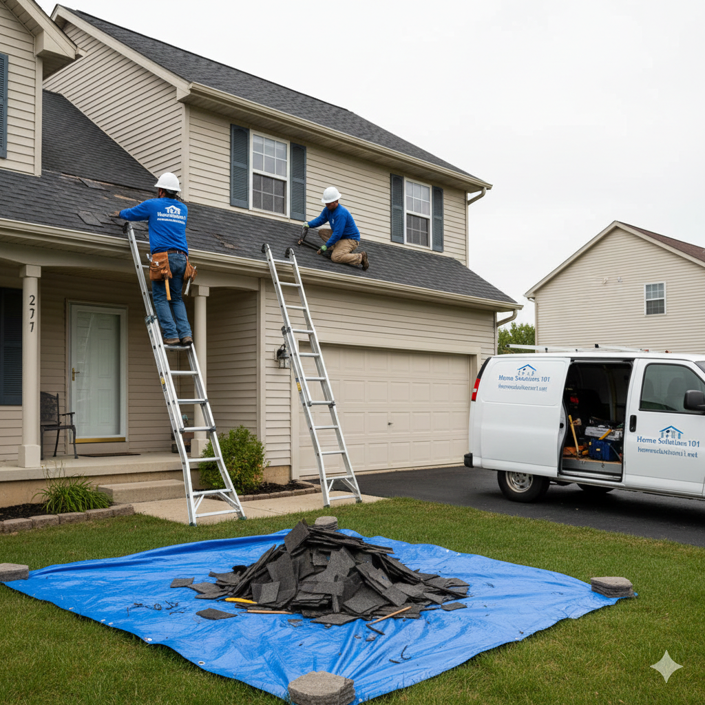 Roof repair service in Dexter MI for leaks flashing and storm damage by Home Solutions 101