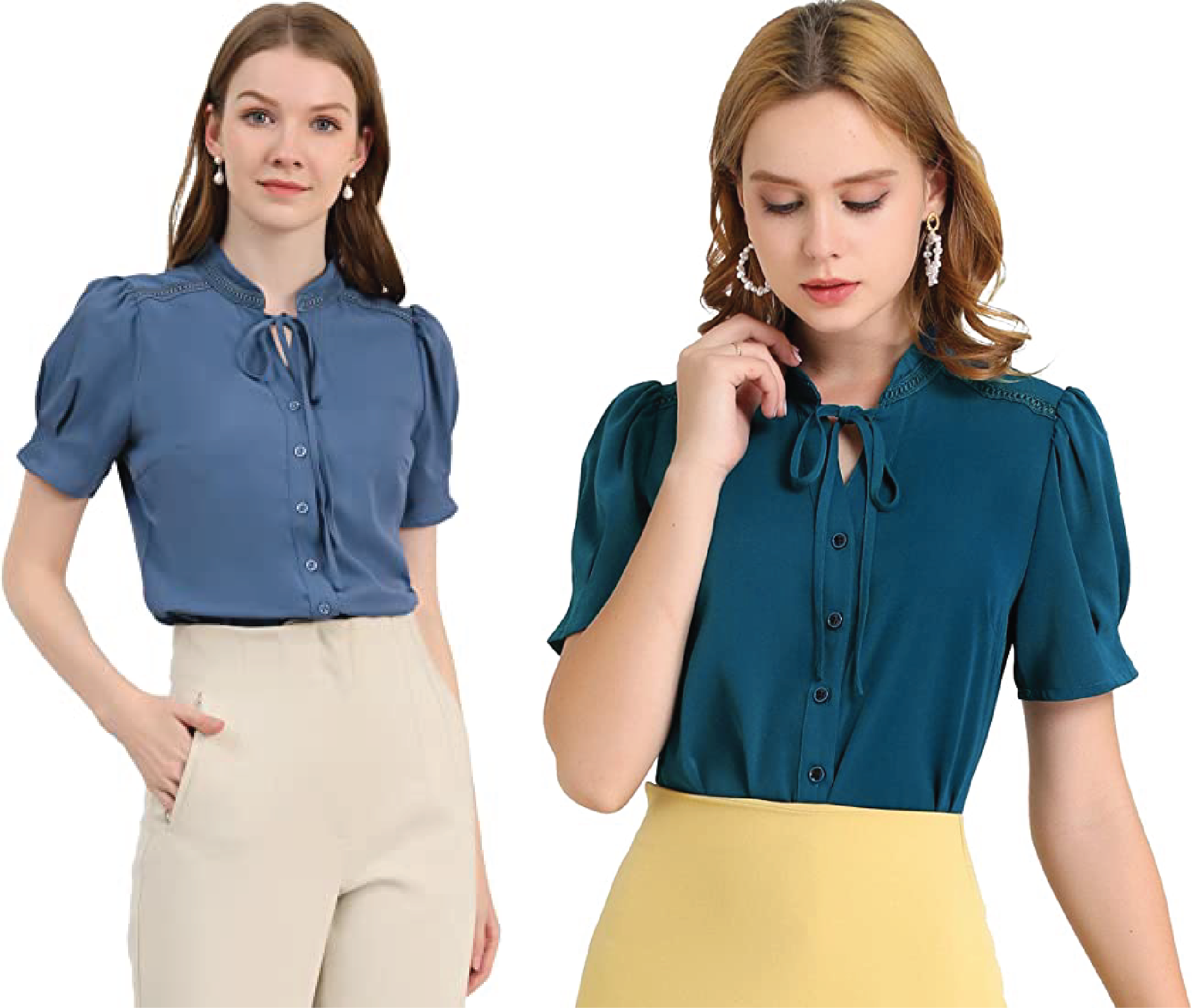 Puff Short Sleeve Blouse with Tie Neck