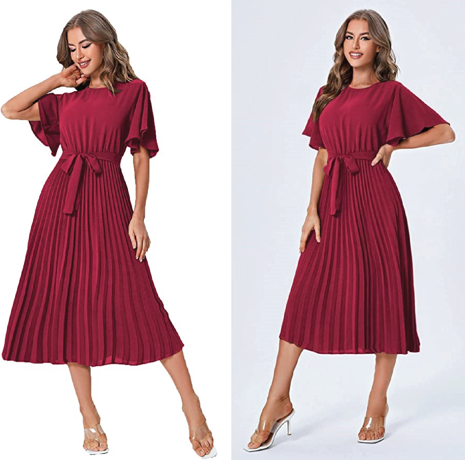 Belted Pleated Sleeve Dress 