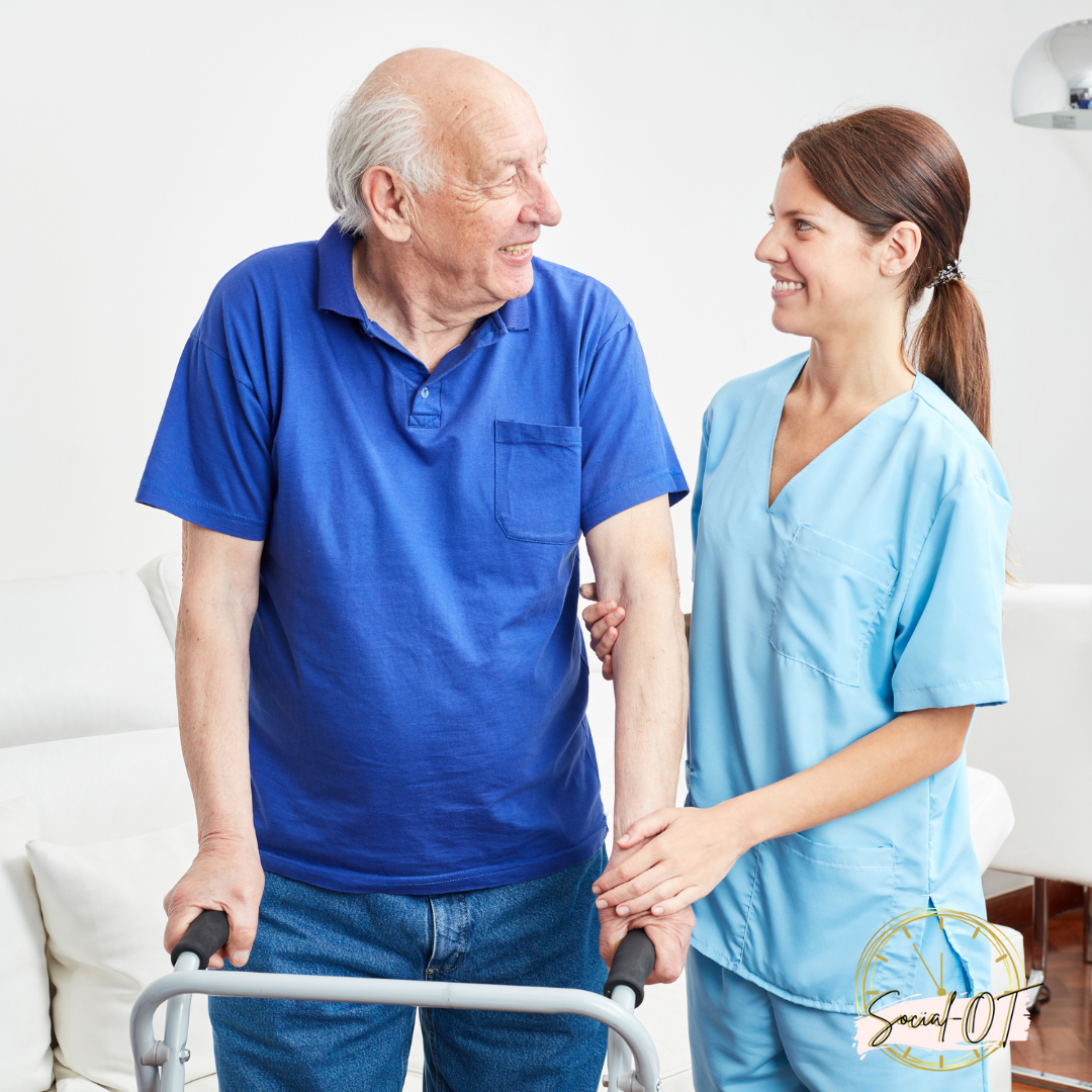 Occupational therapist helping man walk from room to bathroom