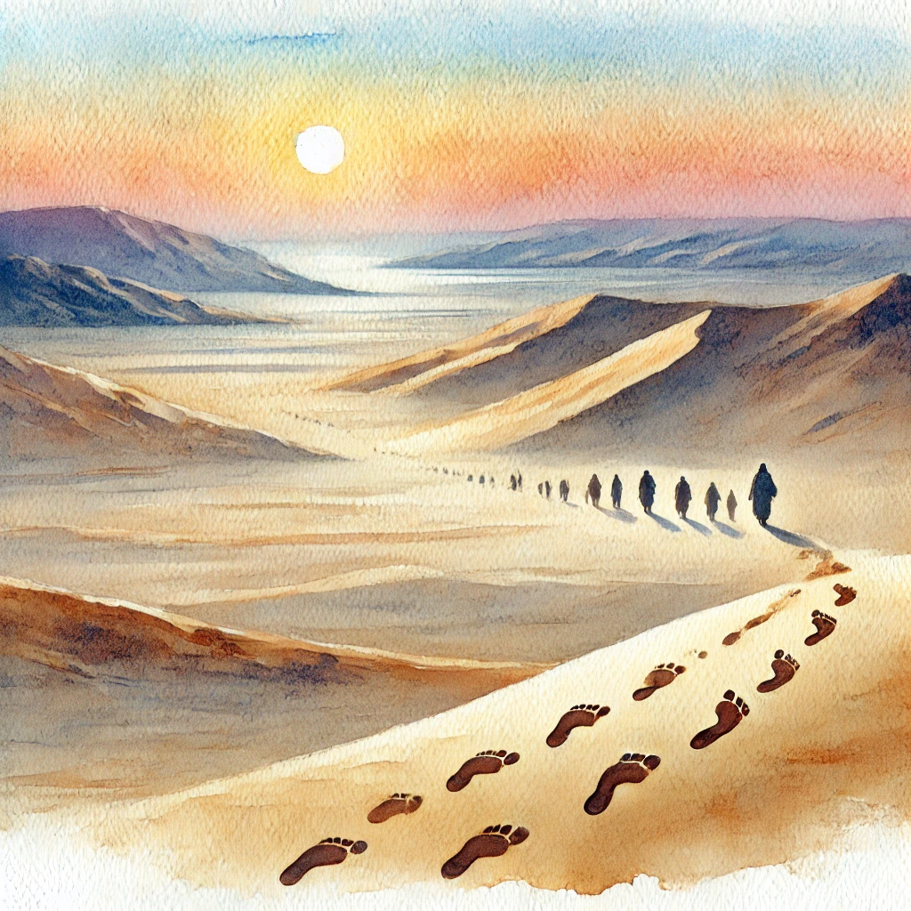 people and footprints in the desert sand