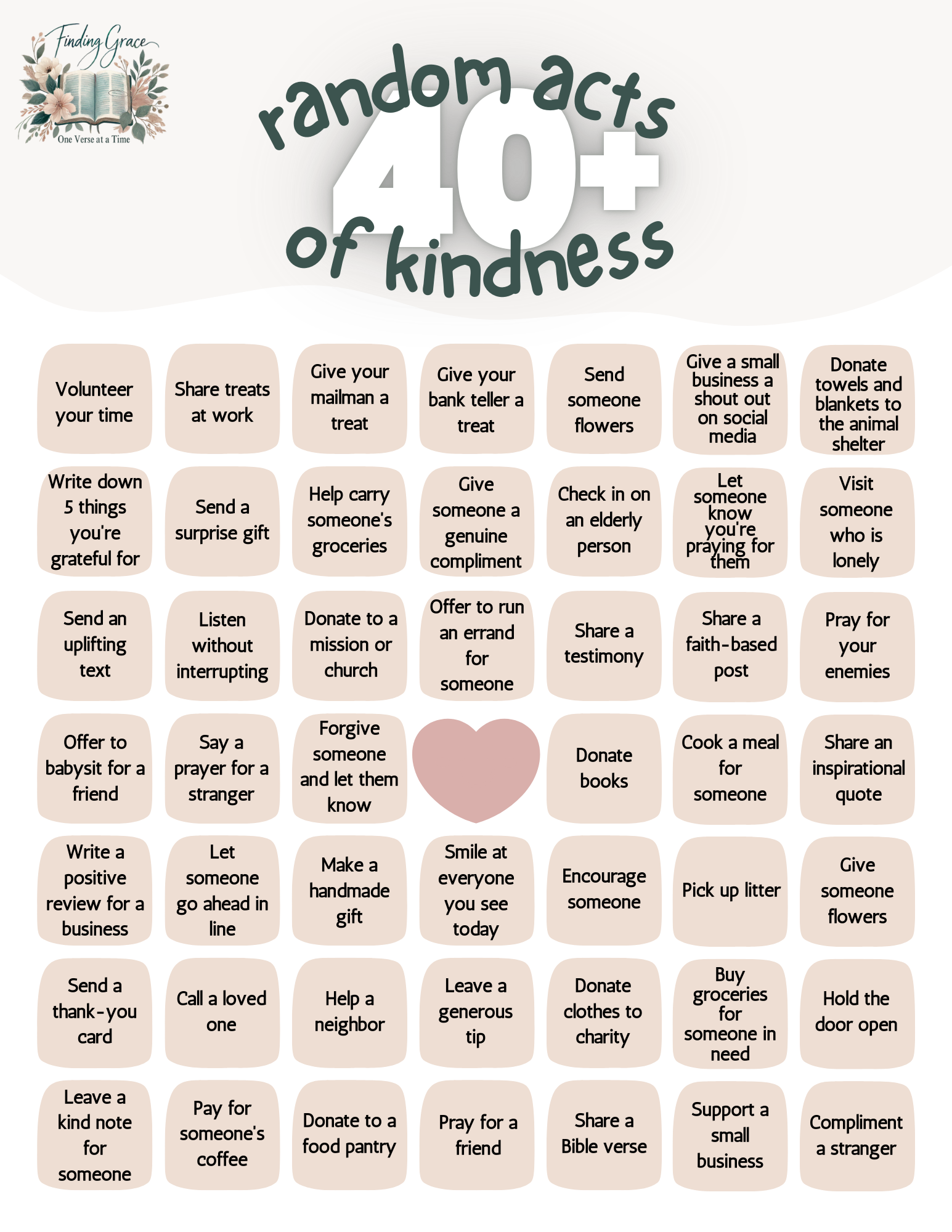 bingo card with 40+ random acts of kindness