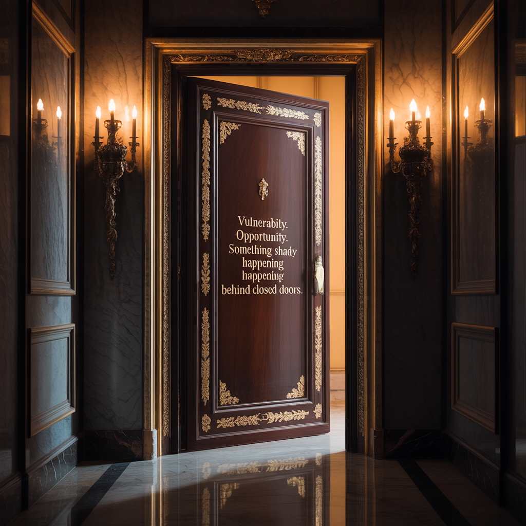 Slightly open ornate door with dramatic lighting, symbolising hidden access and opportunity for fraud Slightly open ornate door with dramatic lighting, symbolising hidden access and opportunity for fraud