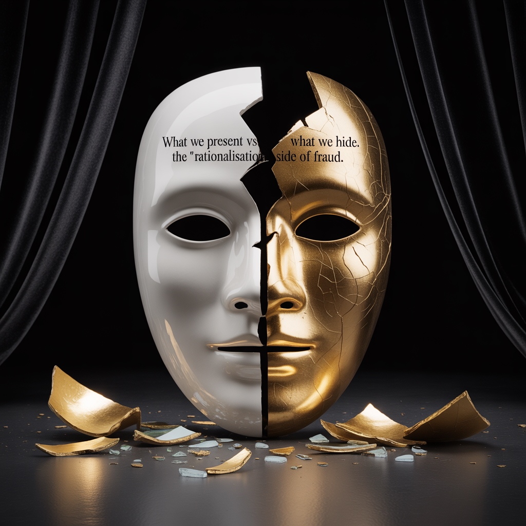 Cracked white and gold mask symbolising what we present versus what we hide in fraud Cracked white and gold mask symbolising what we present versus what we hide in fraud