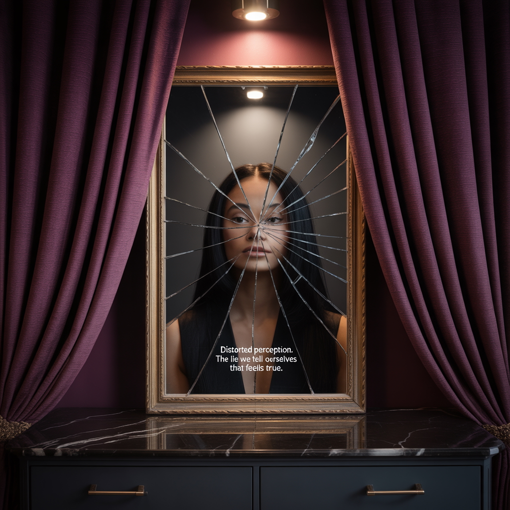Person staring into a cracked mirror, representing internal self-justification and rationalisation in fraud Person staring into a cracked mirror, representing internal self-justification and rationalisation in fraud