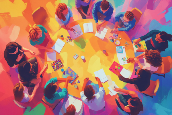 people in a circle, engaging in activities like reading, painting, or playing board games people in a circle, engaging in activities like reading, painting, or playing board games