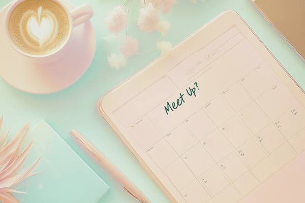 planner or calendar open on a desk, surrounded by items like a coffee cup, a phone with a "Meet Up?" notification, and a pen planner or calendar open on a desk, surrounded by items like a coffee cup, a phone with a "Meet Up?" notification, and a pen