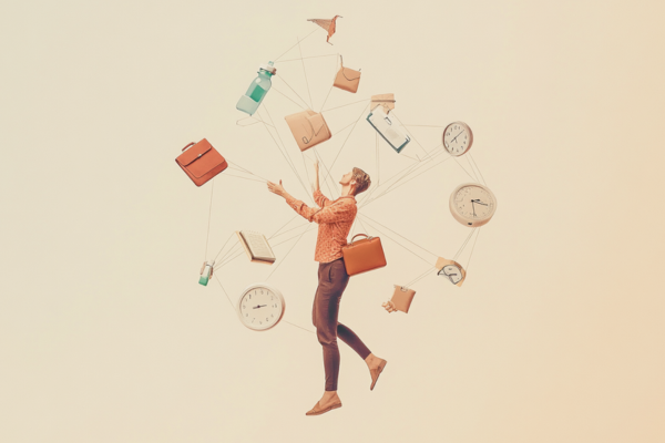 adult juggling various objects like a briefcase, a baby bottle, and a clock, all interconnected with strings to represent busy adult responsibilities adult juggling various objects like a briefcase, a baby bottle, and a clock, all interconnected with strings to represent busy adult responsibilities