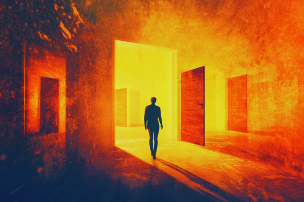 person walking away from a closed door with other doors in the distance are slightly open person walking away from a closed door with other doors in the distance are slightly open