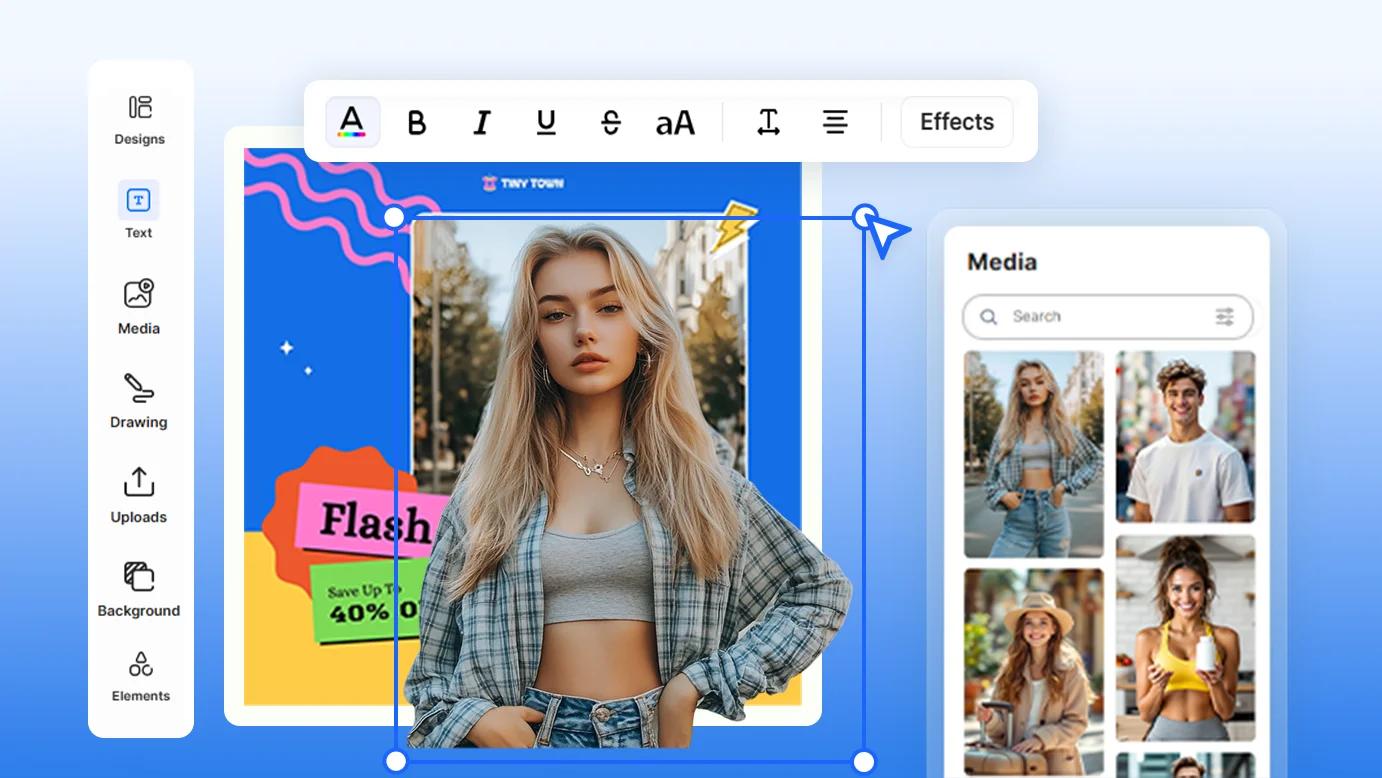 Editor drag & drop do ClickDesigns a criar gráfico para redes sociais com mockup e fotografia integrada
