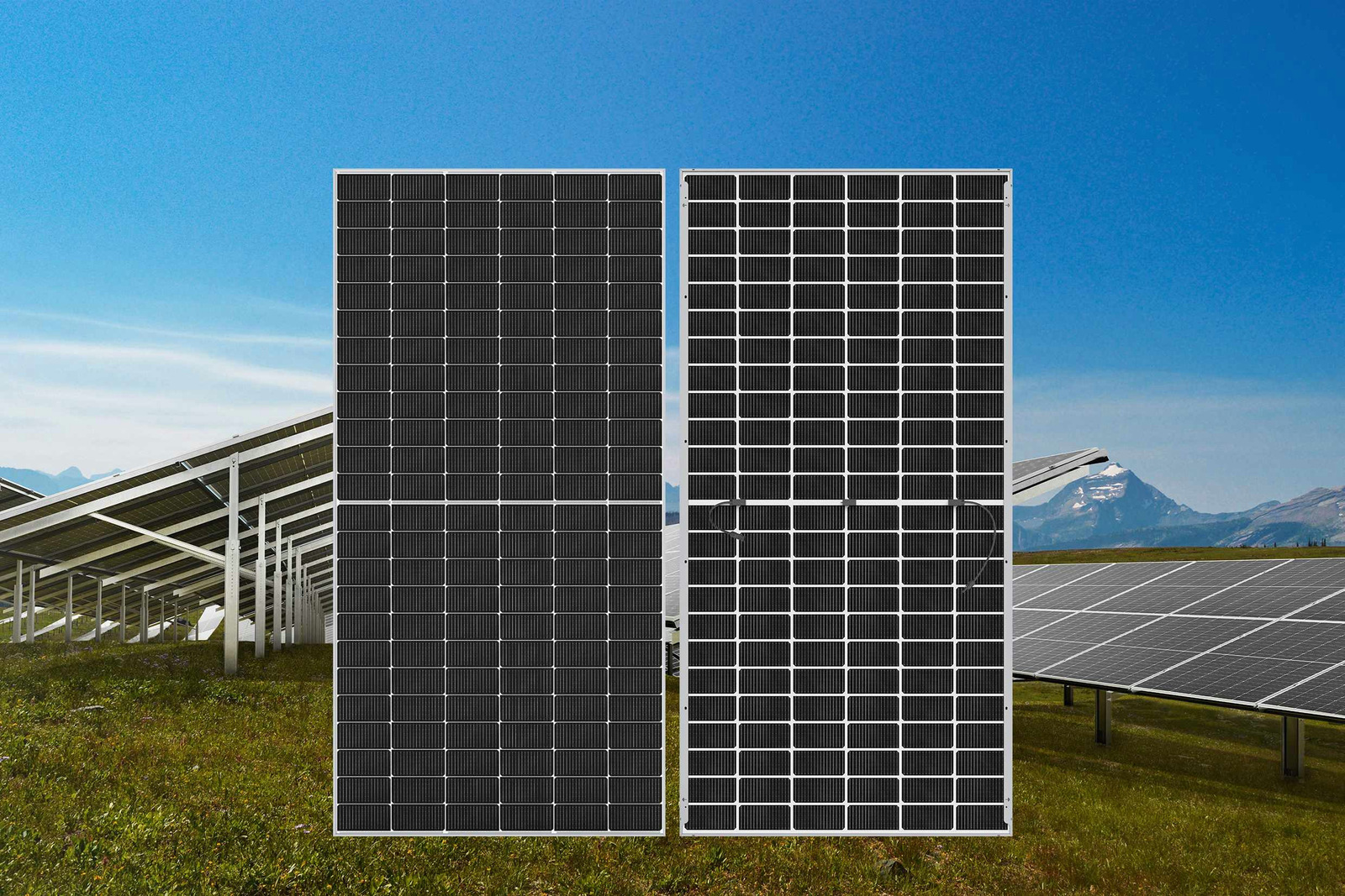 Foto frontale e posteriore di un pannello fotovoltaico bifacciale vetro‑vetro Foto frontale e posteriore di un pannello fotovoltaico bifacciale vetro‑vetro