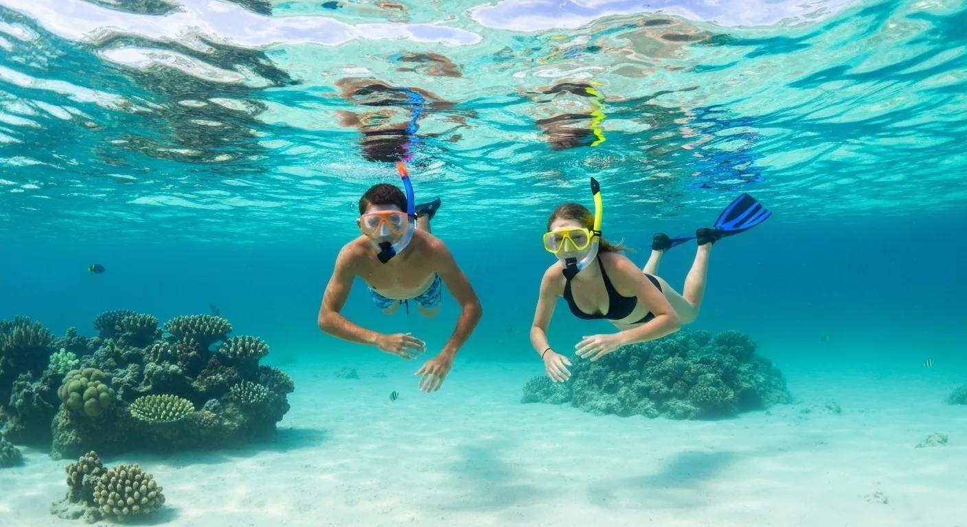 Two people swimming in islamorada florida with snorkeling gear on showcasing snorkeling safety tips for beginners