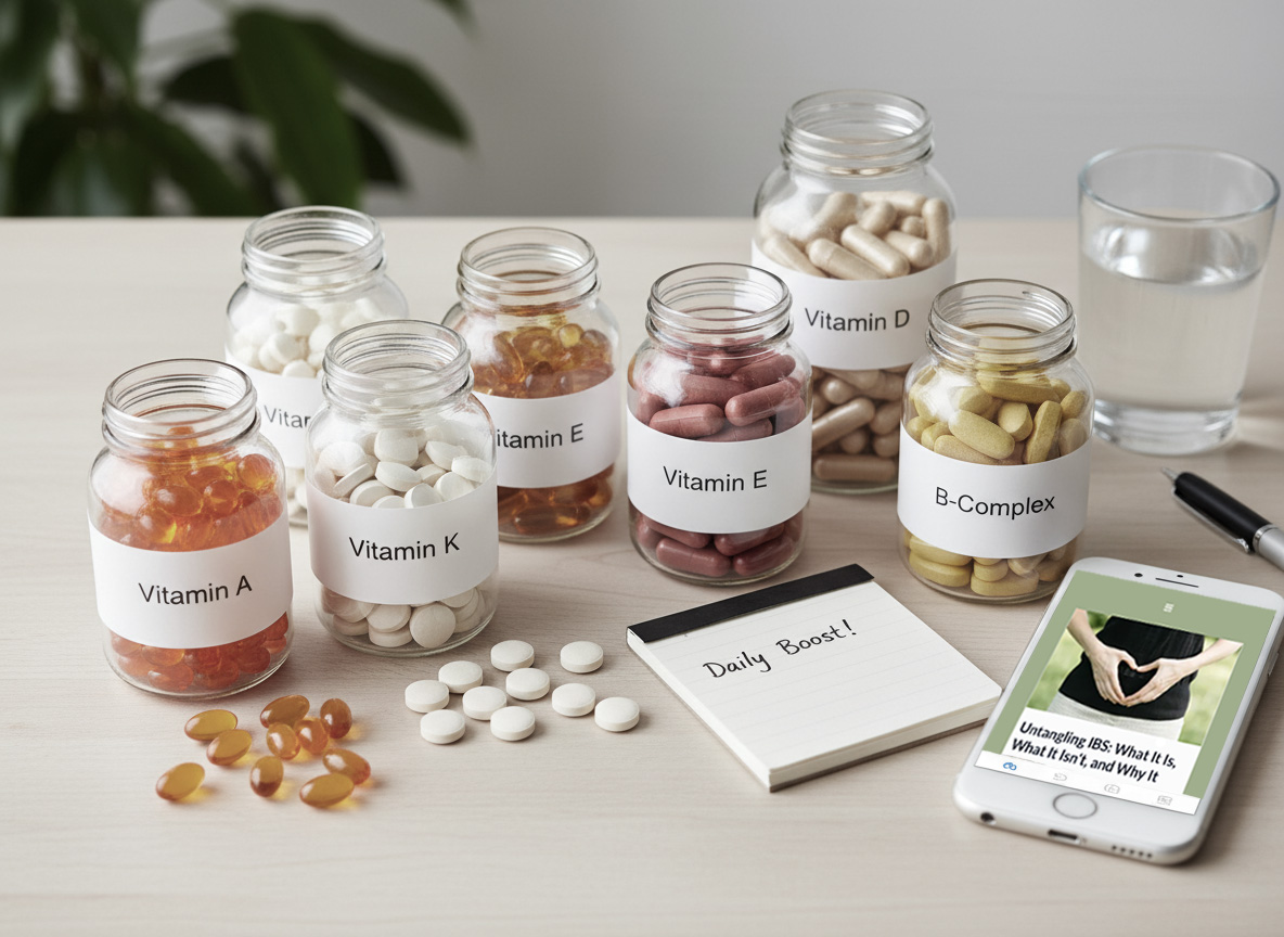 Display of assorted vitamins and supplements used for wellness support