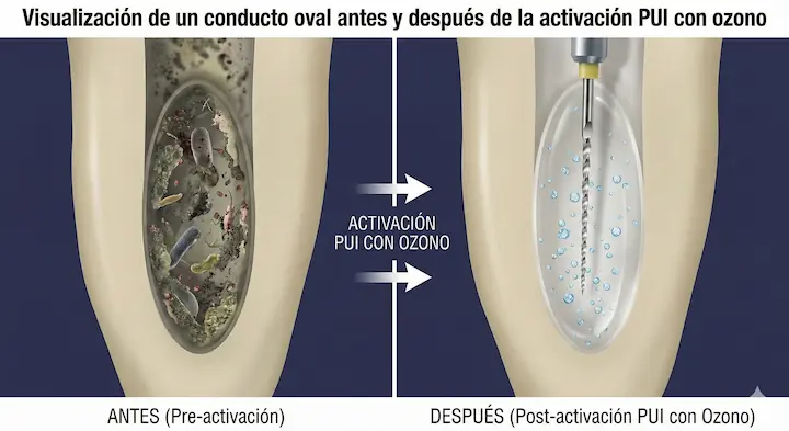 Imagen AI: Eficacia de la activación ultrasónica pasiva (PUI) con agua ozonizada en anatomías radiculares complejas.