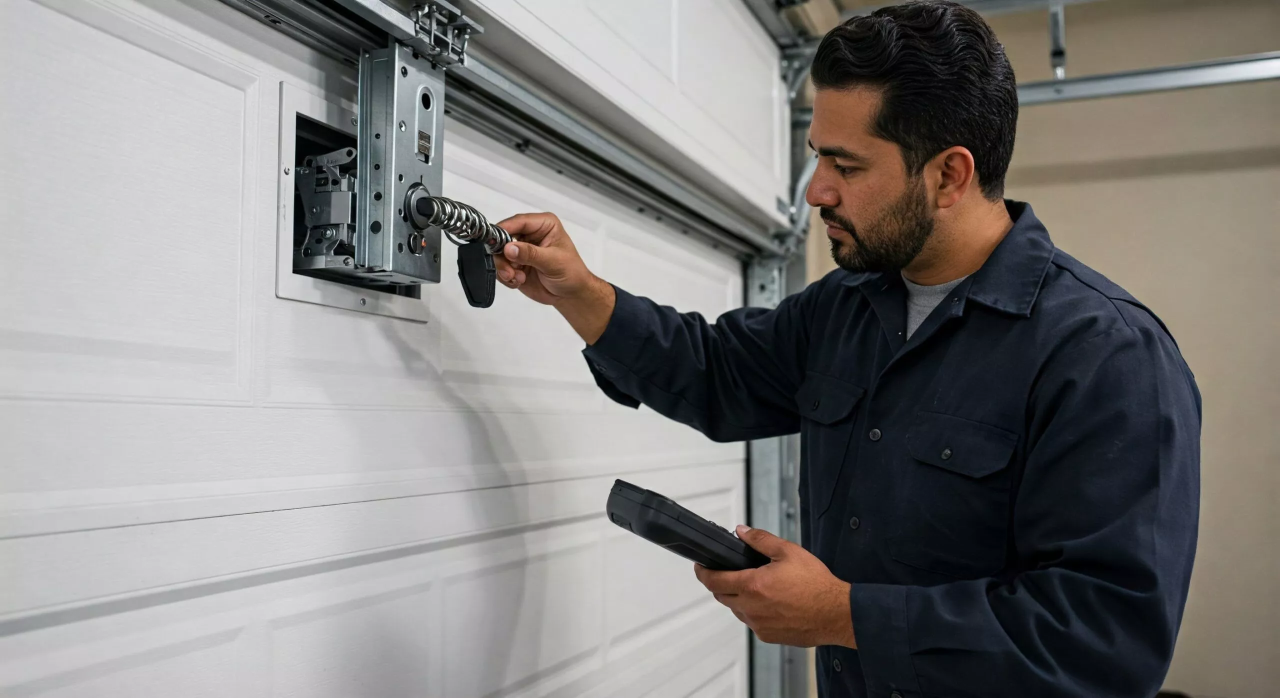 Technician fixing garage door
