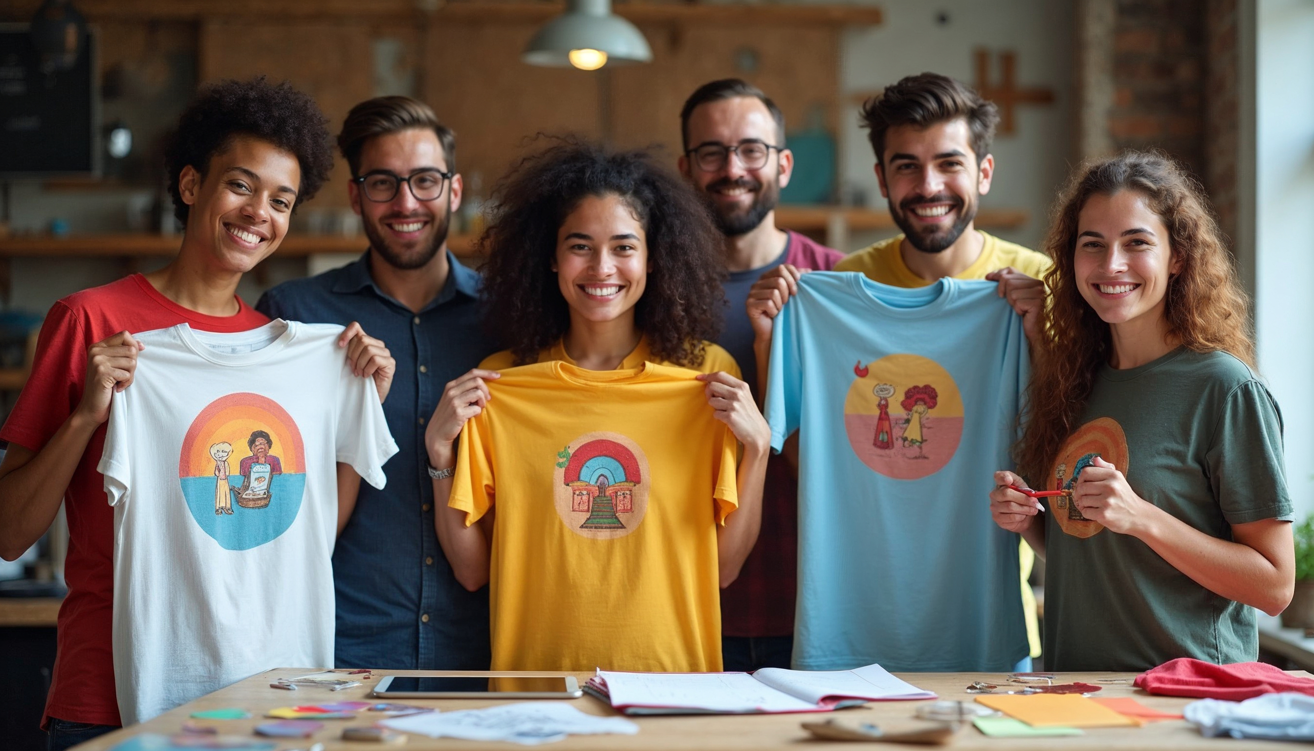 Customized T-Shirt Printing – Create, Print and Wear Young team holding matching customized t-shirts in a studio.